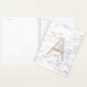 Agenda Chic Blush White Marble Script Name Monogramo