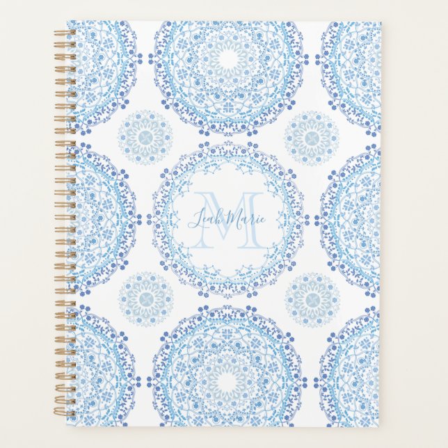 Agenda Chic Monograma de Mandala Azul Moderno (Frente)