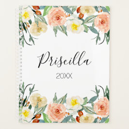 Agenda Chic Peach e Cream Watercolor Flowers Mensalmente