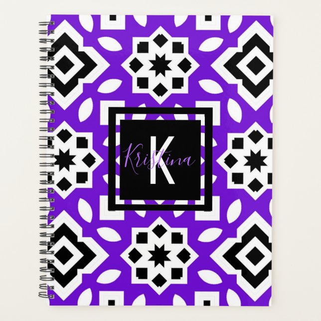 Agenda Chic Purple Black & White Geométrico Personalizado (Frente)