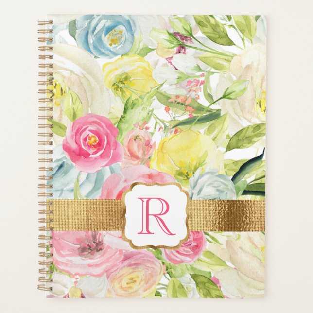 Agenda Chique Bonito de Rosas de Aquarela Rosa Monograma (Frente)