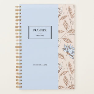 Agenda Chique Elegante Padrão Floral Azul Poeirento e Ros