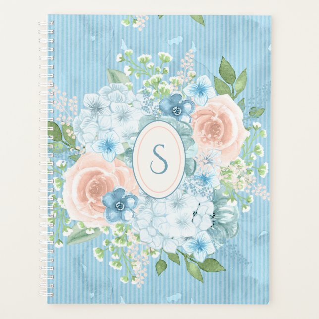 Agenda Chique Floral Russo Azul Rosa Monograma (Frente)