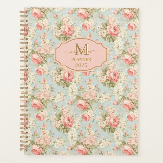 Agenda Chique Vintage Rosas Rosa Monograma Floral (Frente)