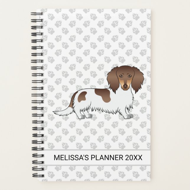 Agenda Chocolate & Tan Piebald Dachshund Longo Cabelo & T (Frente)