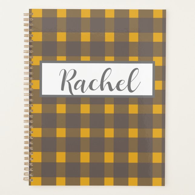 Agenda Cinza Amarela Gingham Personalizada (Frente)
