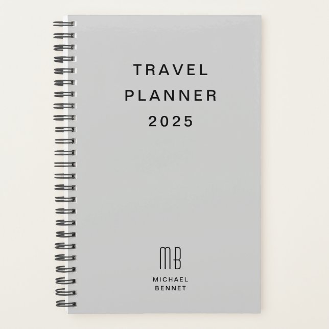 Agenda Cinza de Viagem de Monograma Moderno (Frente)
