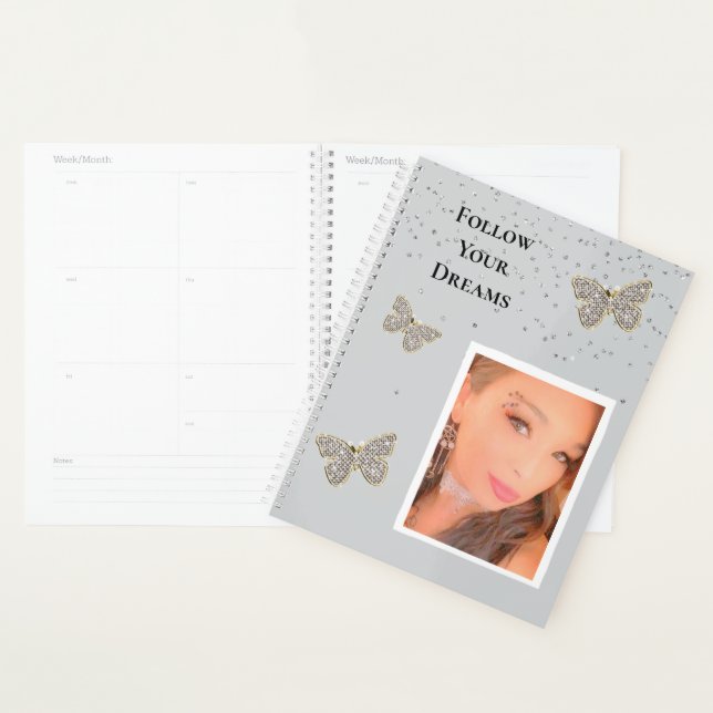 Agenda Cinza Silver Sparkle Butterfles Sua Foto (Exibição)
