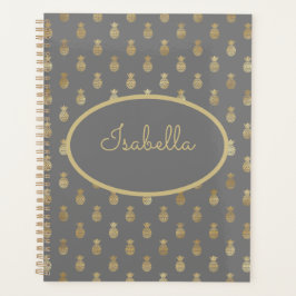 Agenda Cinzas Elegantes e Abacaxi Dourado Personalizados