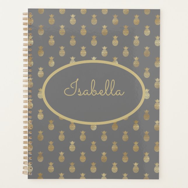 Agenda Cinzas Elegantes e Abacaxi Dourado Personalizados (Frente)