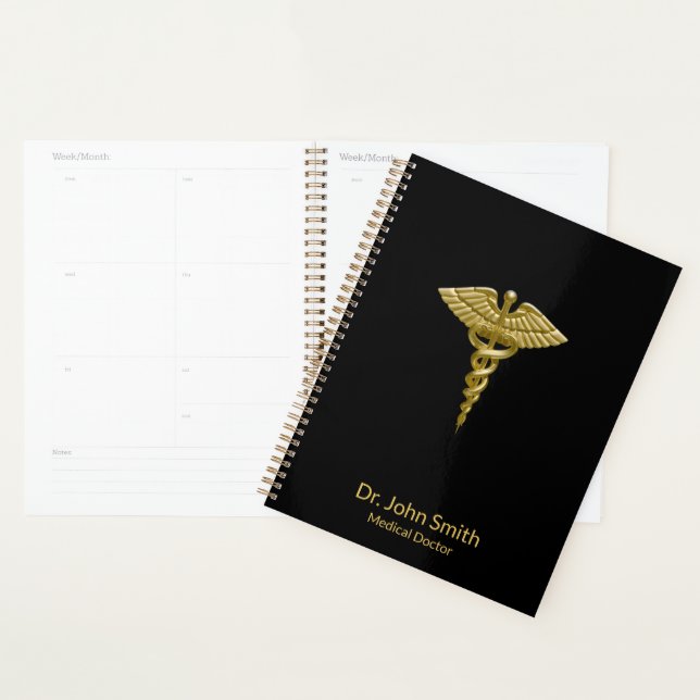 Agenda Clássico Médico Dourado Caduceus em Preto (Exibição)