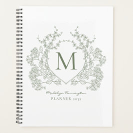 Agenda Clássico Sage Green Vintage Floral Crest Monograma