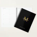 Agenda Cliente Dourado do Monograma de Negócios Obrigado<br><div class="desc">Planeador preto moderno com monograma personalizado com nome em ouro e branco.</div>