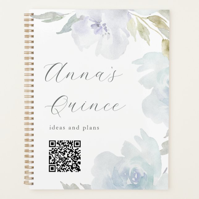 Agenda Código QR Floral de Quinceanera Azul Personalizado (Frente)