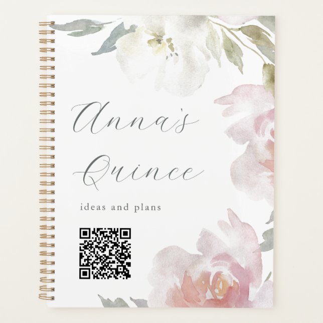 Agenda Código QR Floral de Quinceanera Rosa de Quinceaner (Frente)