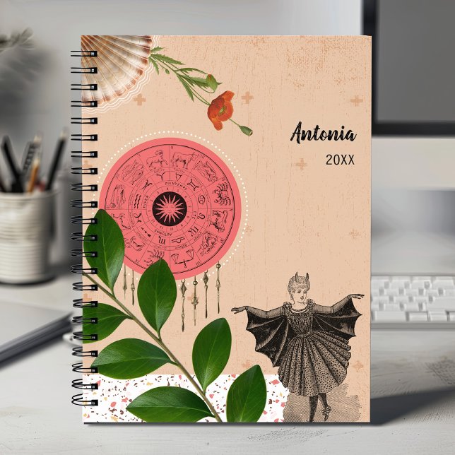 Agenda Colagem Bonito Colorida Floral Coletiva Mensal (Horoscope and batgirl costume monthly weekly spiral planner in beige pink green, vintage collage.)