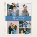 Agenda Colagem de Fotos da Família Branca Azul<br><div class="desc">Planeador de na moda, você pode personalizar com seis de suas próprias fotos em uma colagem de fotos minimalista. Personalize ainda mais o seu nome ou nome familiar em letras brancas de caligrafia. A parte traseira apresenta um padrão de listras azuis e brancas de pré-disquete.</div>