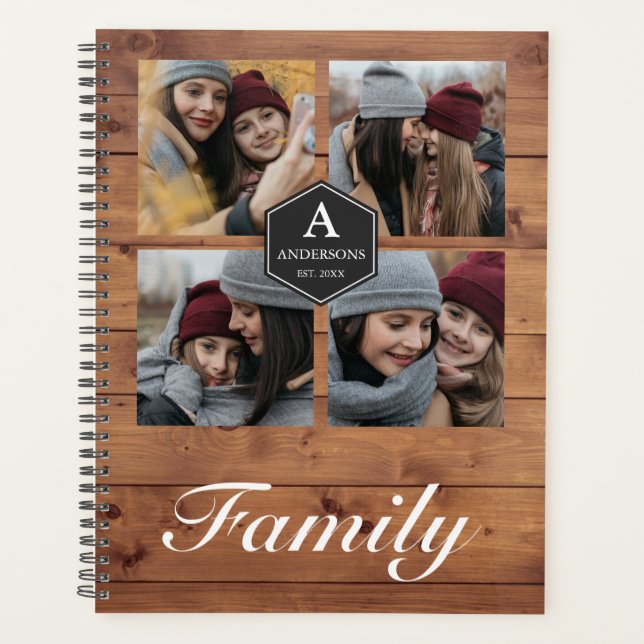 Agenda Colagem de Fotos da Família Rustic Barn Wood 4 Pic (Frente)