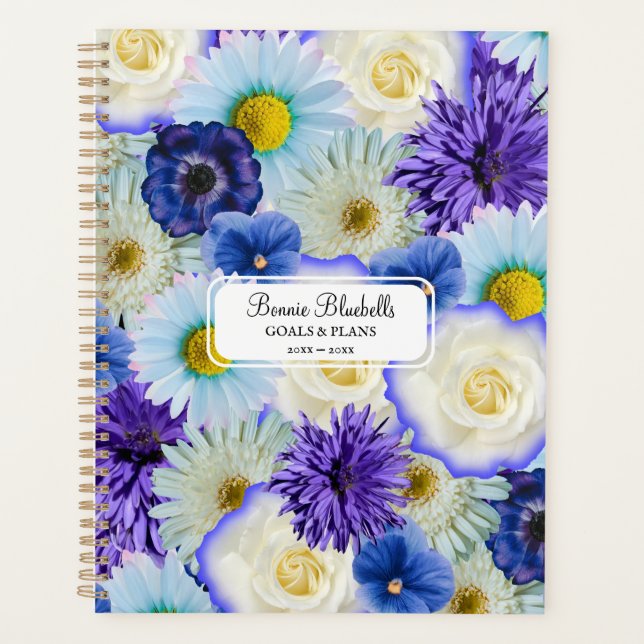 Agenda Colagem Floral Azul e Branco Grande Negrito Person (Frente)
