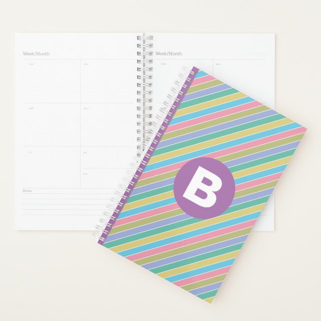 Agenda Colorful Diagonal Candy Stripes Lilac Monogram (Exibição)