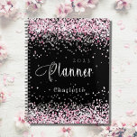 Agenda Compromisso do nome da lente rosa preta pincelada<br><div class="desc">Fundo preto. Esfregue a poeira brilhante do falso cor-de-rosa. Personalize e adicione um ano e nome. Cartas brancas.</div>