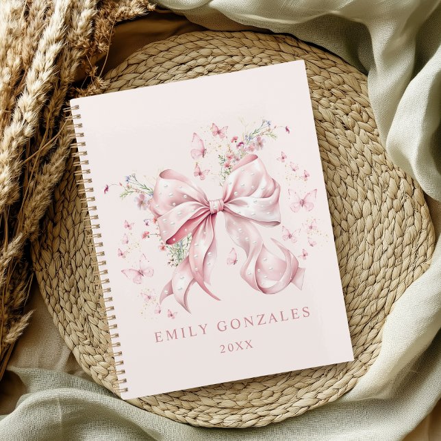 Agenda Coquete de pearls e Arco rosa elegante personaliza (Elegant Pink Bow & pearls coquette personalized planner notebook)