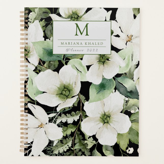 Agenda Cor d'água elegante preto e branco floral (Frente)
