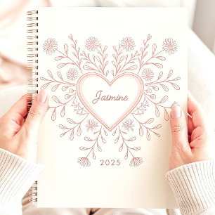 Agenda Coração Floral Rosa 2025 Nome Personalizado