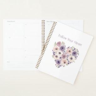 Agenda Coração Floral Rosa Roxo Branco