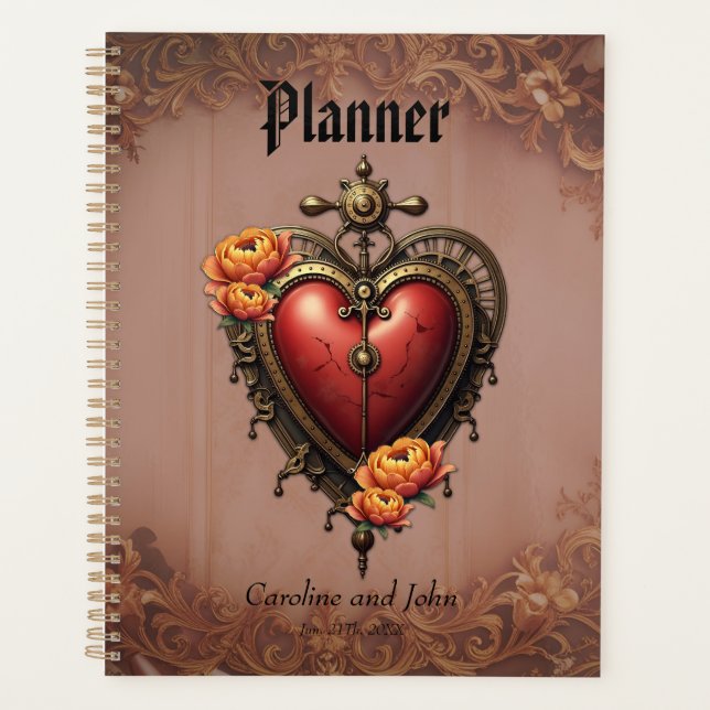 Agenda Coração Steampunk com Flores. (Frente)