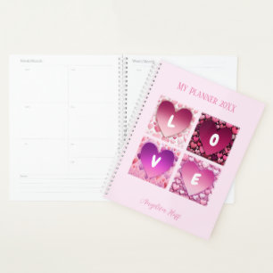 Agenda Corações com letras brancas LOVE em rosa mole
