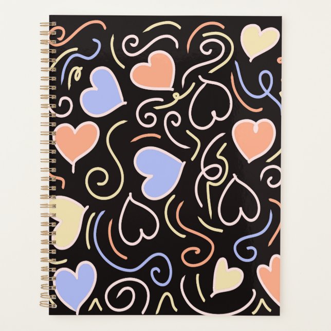 Agenda Corações de cor clara sobre fundo preto (Frente)