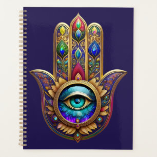 Agenda Cores de Pavão Dourado Hamsa Safira Verde Terceiro