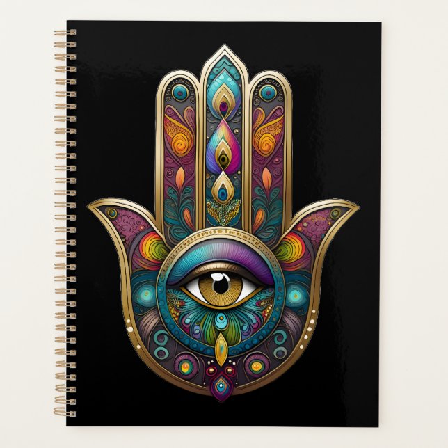 Agenda Cores de Pavão Hamsa com Terceiro Olho Dourado (Frente)