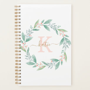 Agenda Coroa Floral Monogramada em Aquarela Rosa