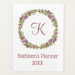 Agenda Coroa Floral Rosa e Verde com Monograma Personaliz