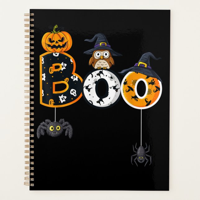 Agenda Coruja de Halloween com aranhas de chapéu de bruxa (Frente)