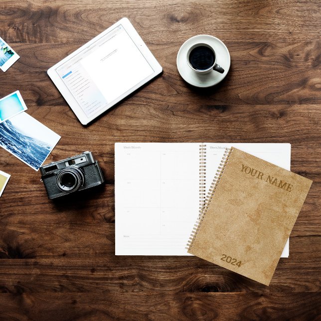 Agenda Couro de Camurça Bege Impressão Personalizada (Tan Chamois Faux Leather Planner by Looly Elzayat
)