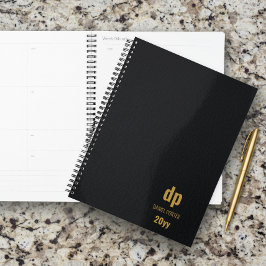 Agenda Couro Moderno Preto e Dourado Monogramado