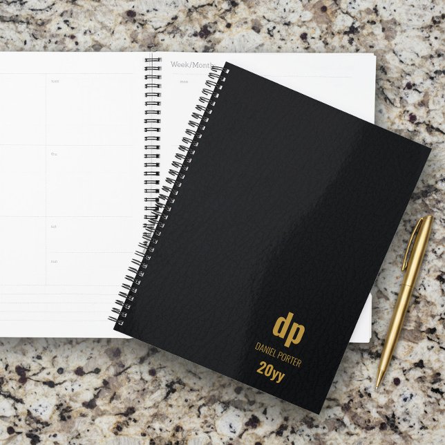 Agenda Couro Moderno Preto e Dourado Monogramado (Personalized Planner by Darling & May)