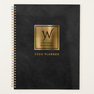 Agenda Couro Preto, Dourado Monograma 2024