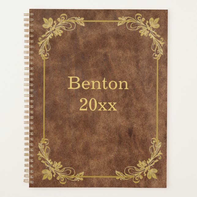 Agenda Couro vestido com quadro Dourado (Frente)