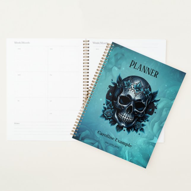 Agenda Crânio azul escuro com rosas. (Exibição)