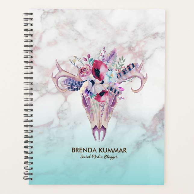 Agenda Crânio de Mármore Moderno e de Boho Floral (Frente)