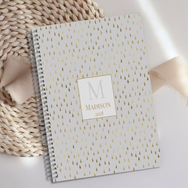 Agenda Cream Dourado Raindrop Modern Trendy Monograma (Criador carregado)