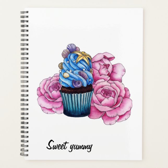 Agenda Cupcake com creme azul e peônias cor-de-rosa (Frente)