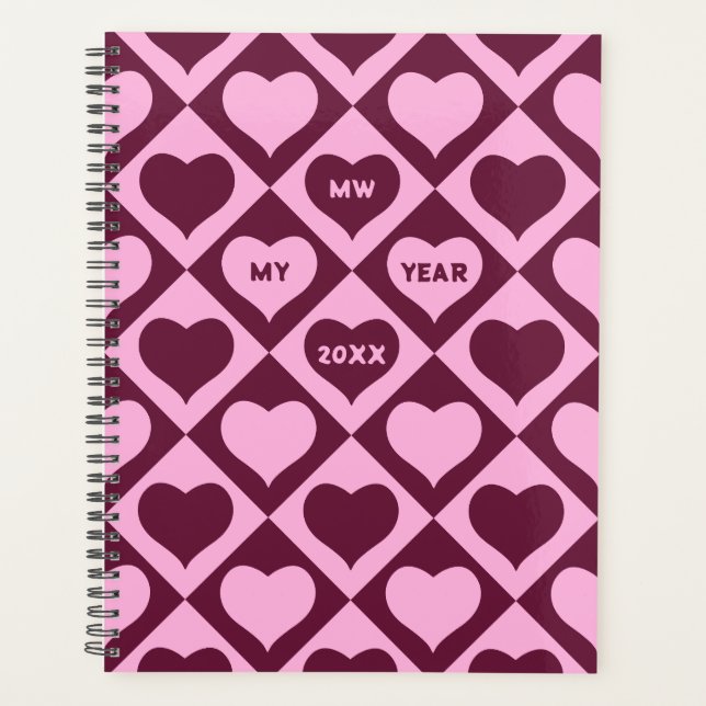 Agenda Custom Heart Checkerboard Pattern Bordeaux Pink -  (Frente)