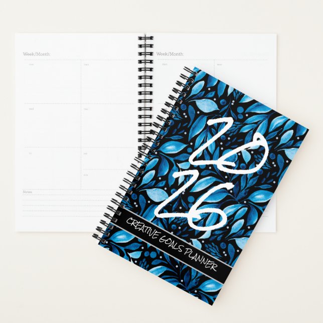 Agenda Customize Year 2026 Black/Blue Botanical Planner (Exibição)