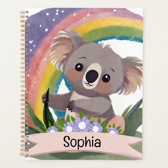 Agenda Cute Baby Koala Rainbow Nome Personalizado (Frente)