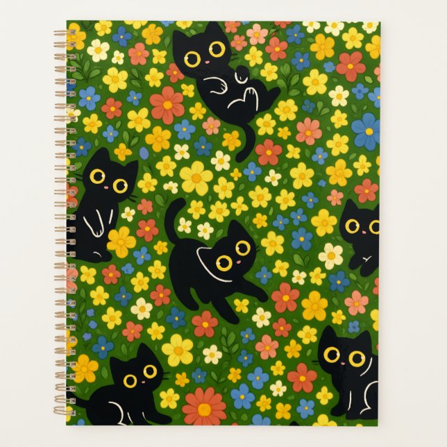 Agenda Cute Black Cats Floral Meadow Pattern (Frente)